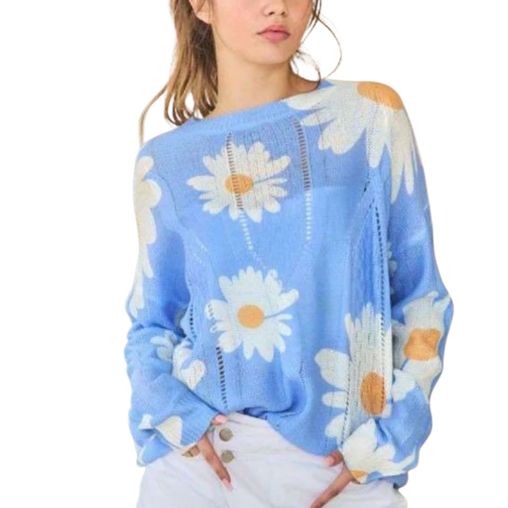 Davis & Dani Womens Daisy Floral Knit Blue Pullover Sweater Size S
